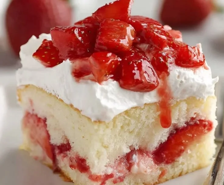 Delicious Strawberry Shortcake Sheet Cake topped with fresh strawberries and whipped cream