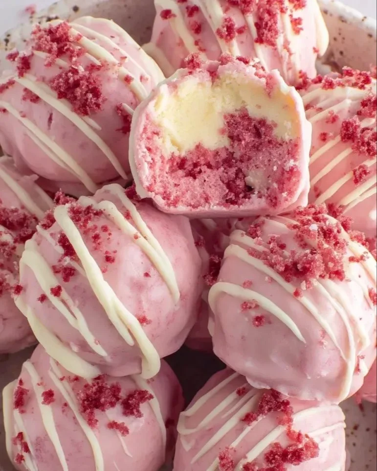 Delicious homemade Strawberry Shortcake Truffles on a platter.
