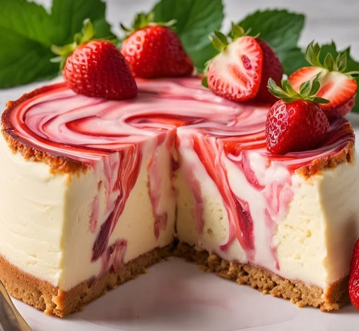 Delicious strawberry swirl cheesecake topped with fresh strawberries