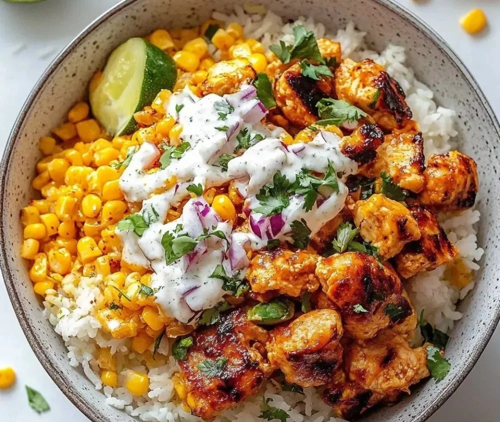 Street Corn Chicken Rice Bowl with grilled chicken, corn, and rice