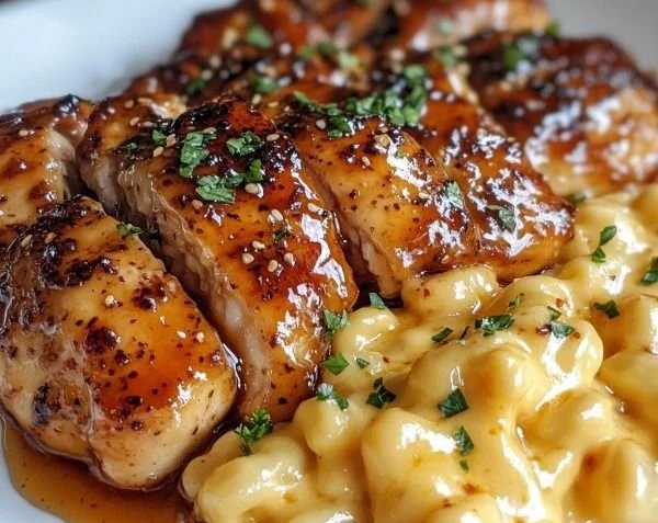 Plate of sweet and spicy honey pepper chicken served with creamy mac and cheese