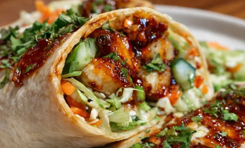 Sweet Chili Chicken Wraps with fresh vegetables and savory sauce