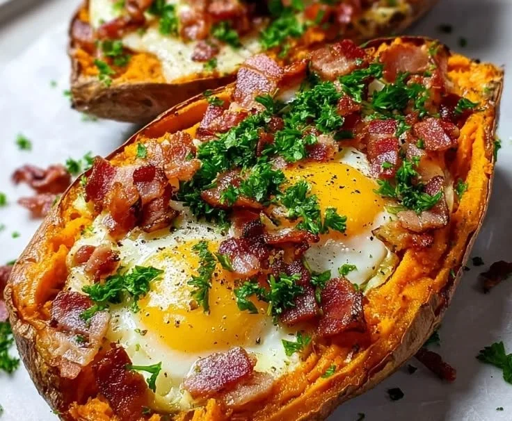 Sweet Potato Breakfast Boats filled with healthy toppings and colorful ingredients