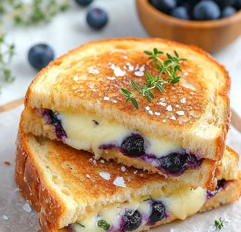 Delicious blueberry grilled cheese sandwich with melted cheese and fresh blueberries
