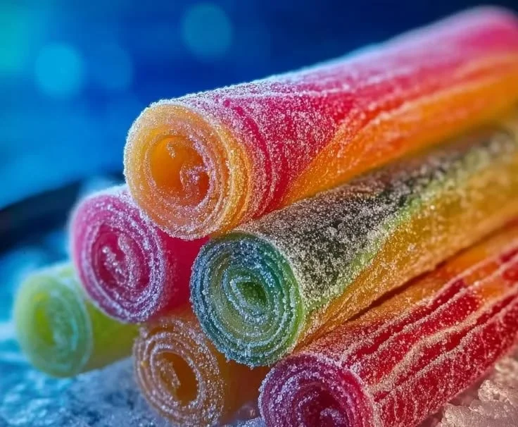 Colorful Sweet & Sour Vodka Rainbow Rollups ready for a party.
