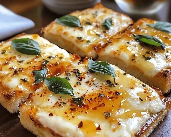 Delicious hot honey garlic bread pizza featuring sweet and spicy toppings