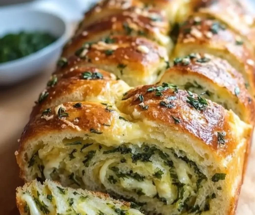 Freshly baked swirled garlic herb and cheese bread with golden crust