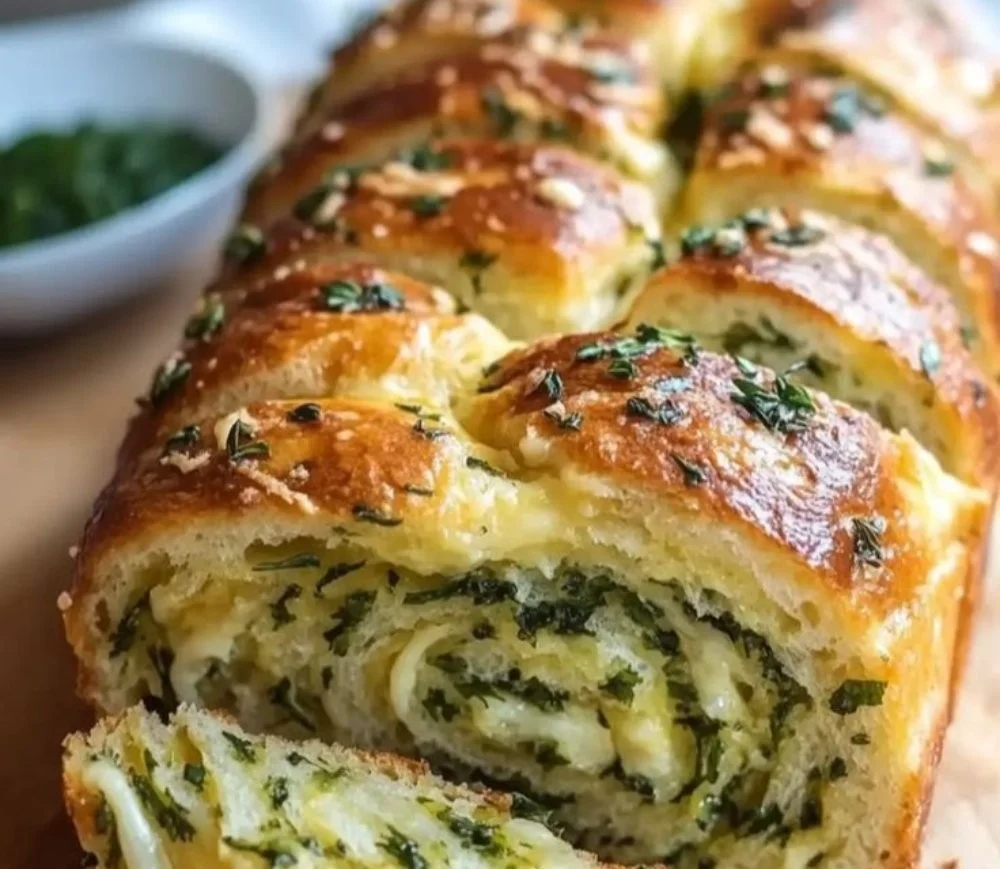 Freshly baked swirled garlic herb and cheese bread sliced on a wooden board.