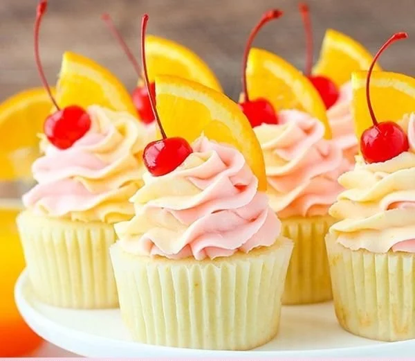 Tequila Sunrise Cupcakes decorated with vibrant colors resembling the cocktail