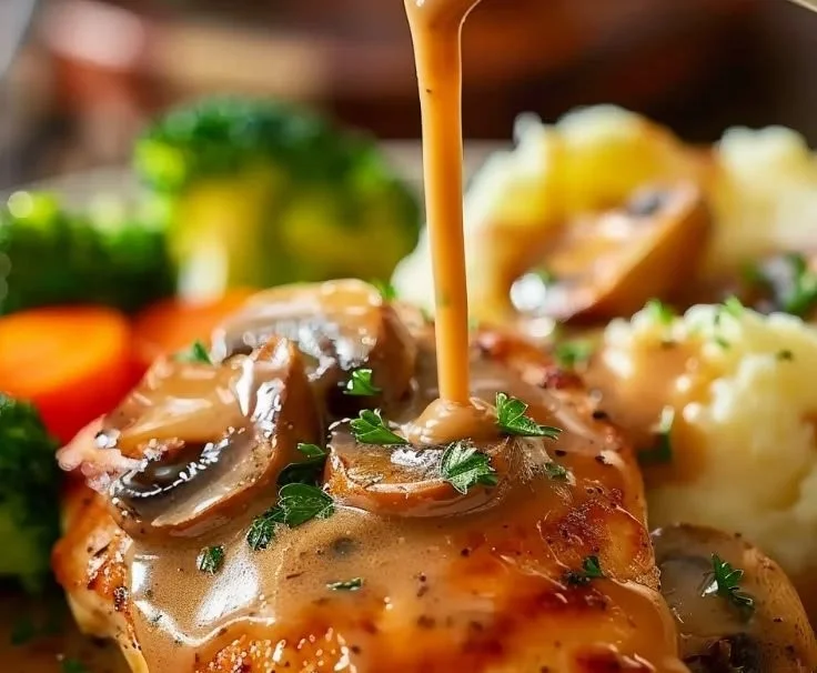 Plate of Texas Roadhouse smothered chicken with toppings and sides