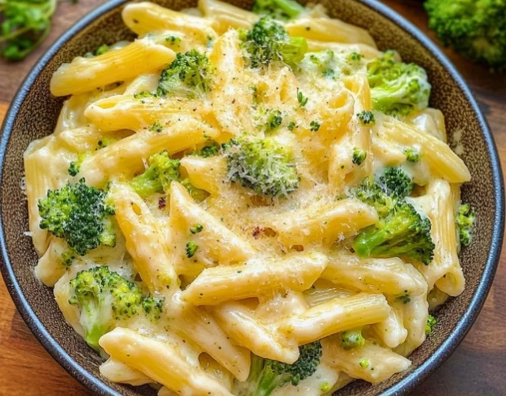 Delicious bowl of broccoli cheese pasta topped with melted cheese and fresh broccoli florets.