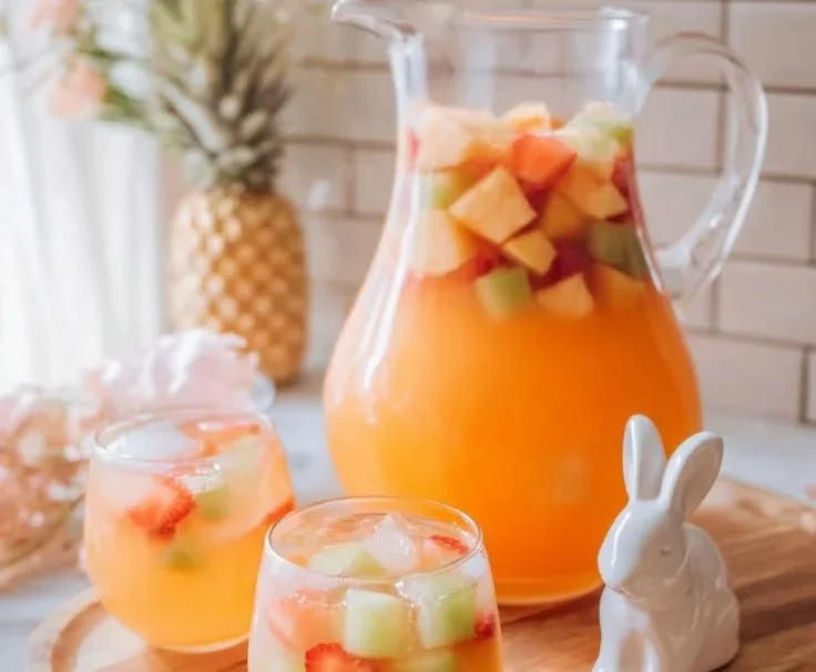 Colorful Easter Punch garnished with fruits and flowers for holiday celebrations