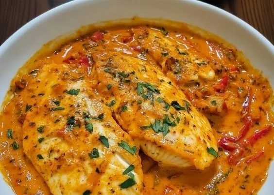 Delicious tilapia fillet in roasted pepper sauce served on a plate
