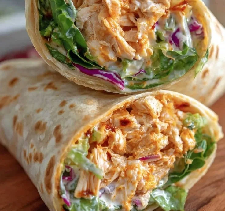 Spicy buffalo chicken wraps served with fresh vegetables and sauce