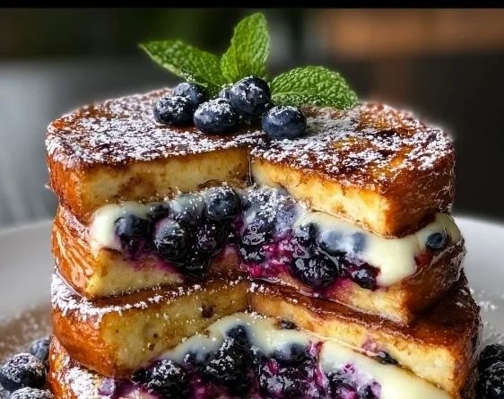 Ultimate blueberry cheesecake stuffed French toast served with syrup and berries