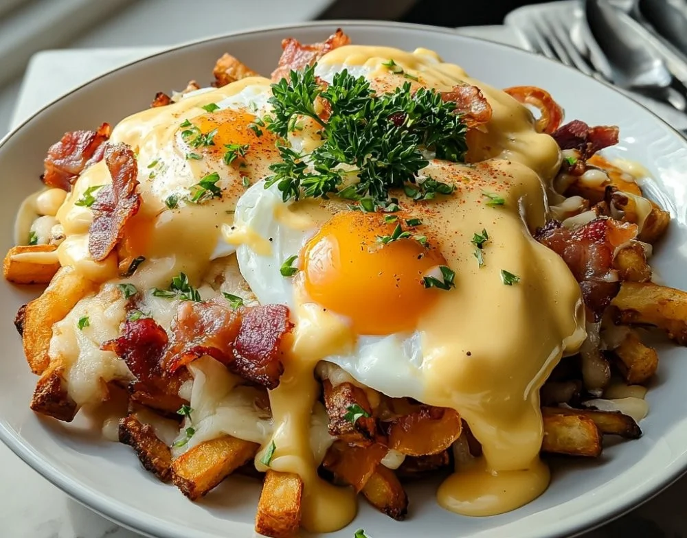Delicious breakfast poutine topped with creamy hollandaise sauce