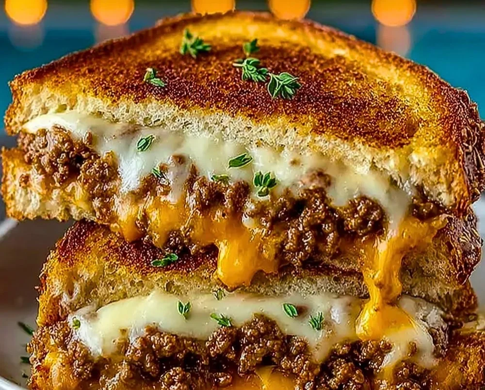 Ultimate Cheesy Ground Beef Melt served on a plate with toppings