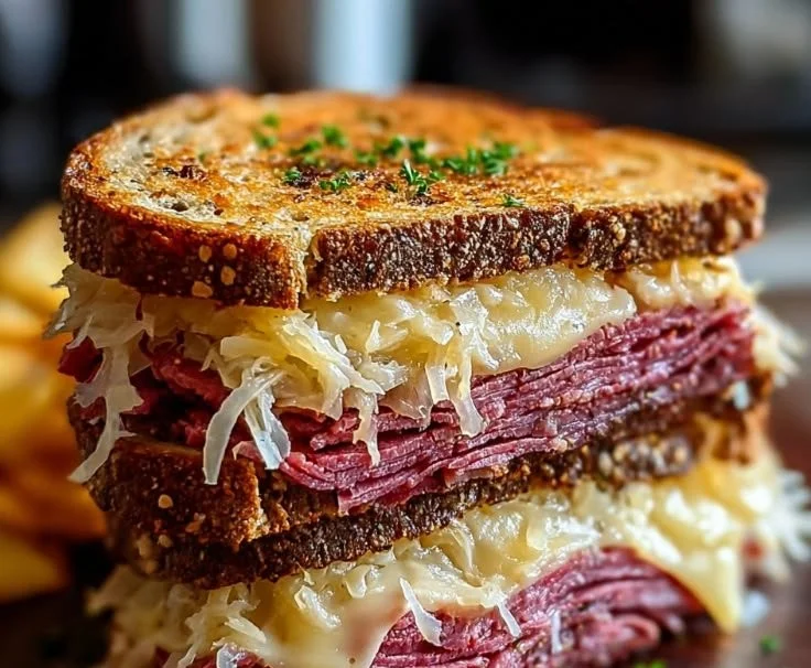 Delicious ultimate Reuben sandwich with corned beef, sauerkraut, and Swiss cheese