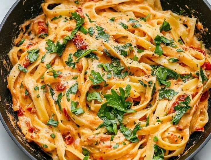 Vegan Creamy Sun-Dried Tomato Pasta served in a bowl garnished with fresh basil.
