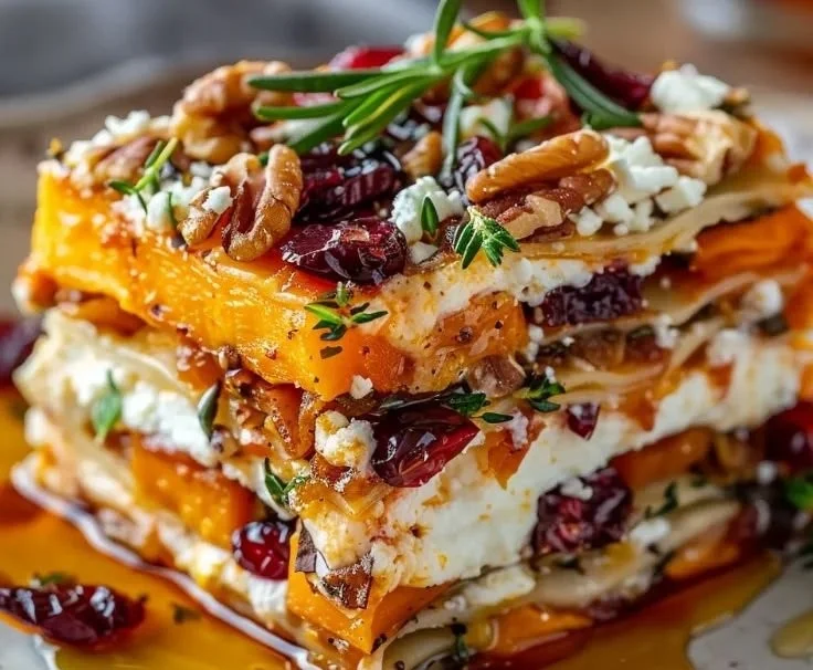 Vegetable lasagna with layers of sweet potatoes and butternut squash