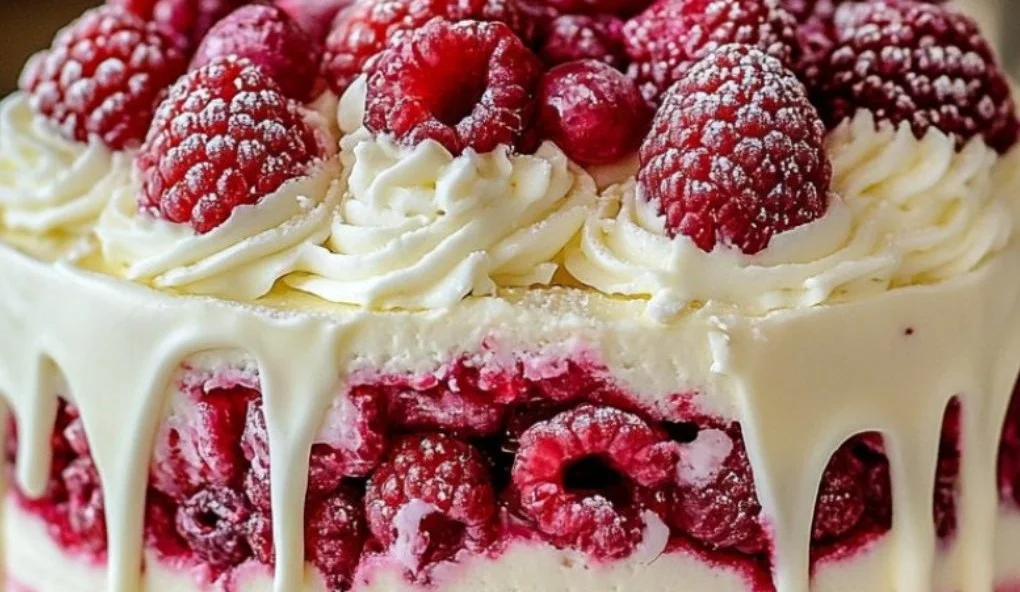 Delicious white chocolate raspberry cake with fresh raspberries and creamy frosting