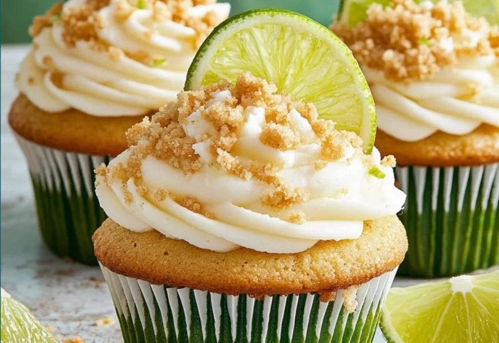 Delicious zesty key lime pie cupcakes with a crunchy topping