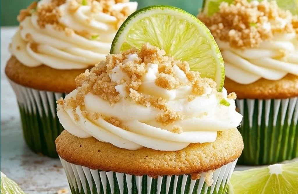 Zesty key lime pie cupcakes with a sweet crunchy topping