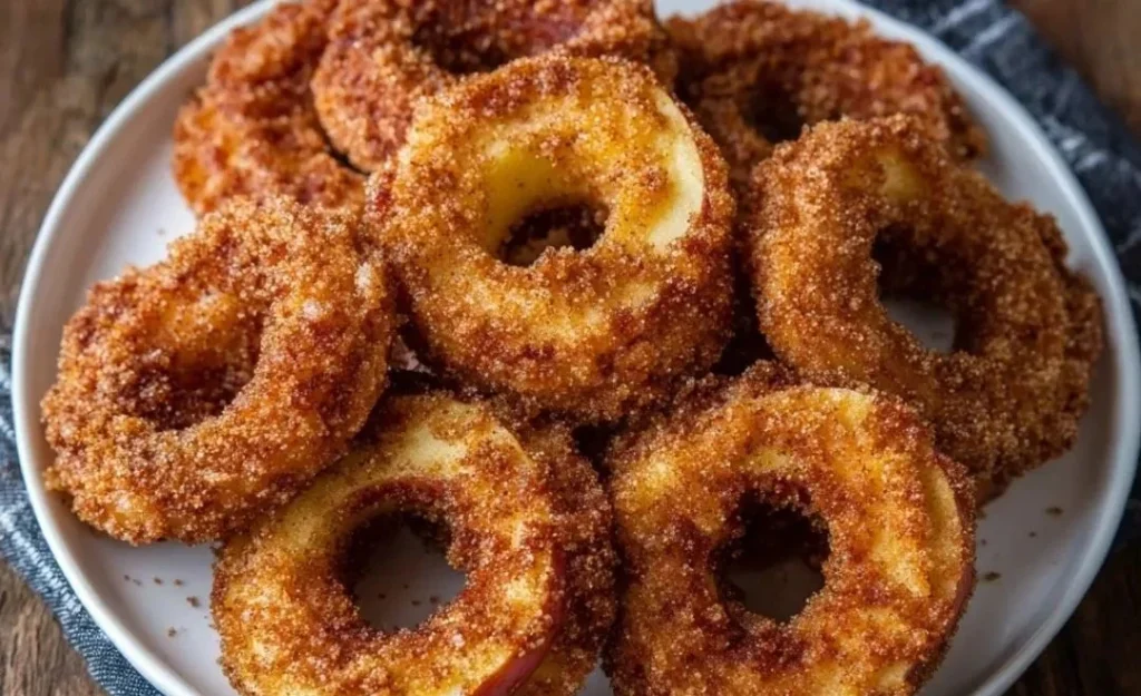 Delicious air fryer cinnamon apple rings garnished with cinnamon and sugar