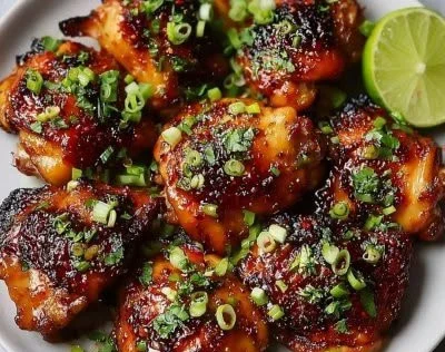 Air Fryer Sticky Sweet Chili Chicken served on a plate with garnish