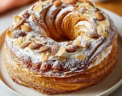 Homemade Almond Kringle topped with sliced almonds and icing.