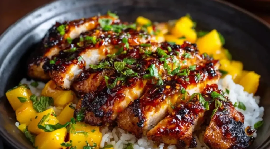 Asian Mango Glazed Chicken Twists served on a plate