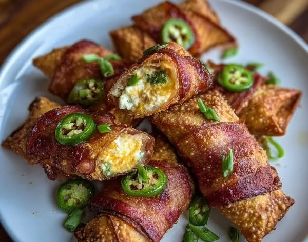 Bacon-wrapped jalapeño popper eggrolls on a plate garnished with dipping sauce