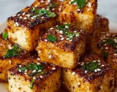 Baked lemon pepper tofu dish served with fresh herbs and side vegetables