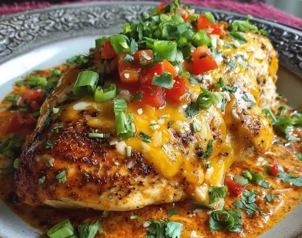 Baked Queso Chicken topped with melted cheese and spices, served on a plate