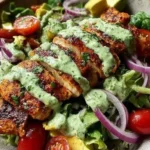 Barbecued chicken salad with avocado dressing served in a bowl.