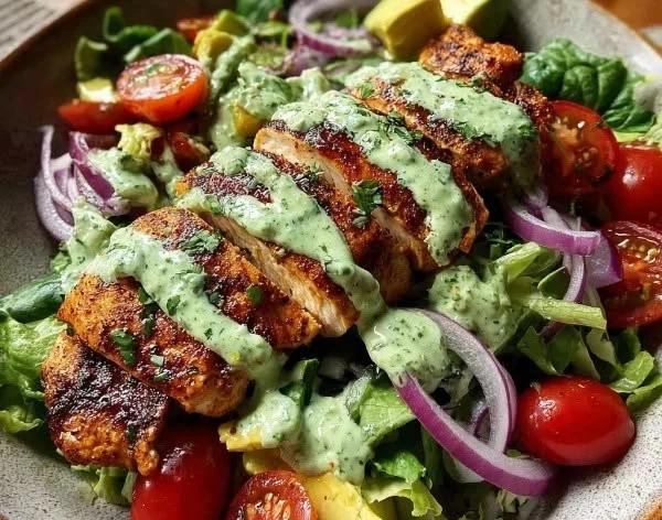 Barbecued chicken salad with avocado dressing served in a bowl.