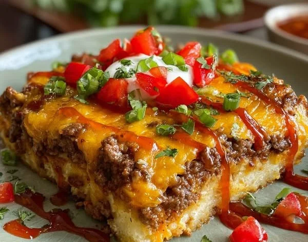 Delicious beef enchilada casserole ready to serve on a dinner table