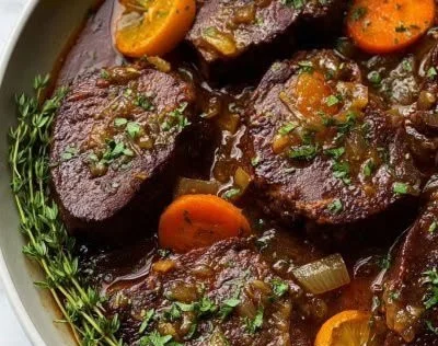 Plate of tender Beef Osso Bucco braised with vegetables and garnished.