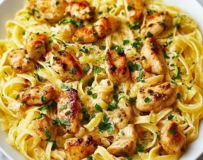 Delicious plate of chicken scampi with garlic and herbs