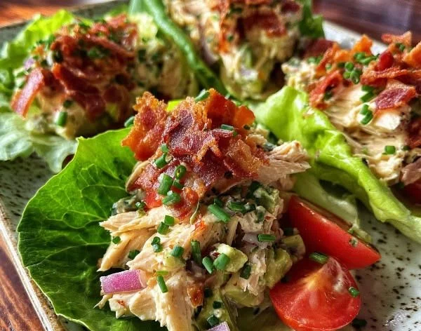 BLT Chicken Salad Lettuce Wraps, a healthy and fresh meal option.