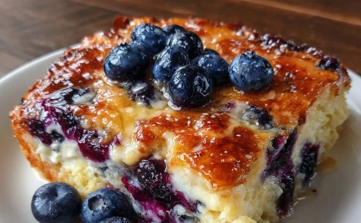 Blueberry buttermilk pancake casserole served in a baking dish