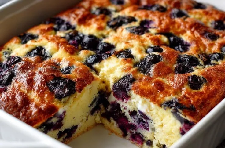 Blueberry Cottage Cheese Breakfast Bake in a baking dish ready to serve