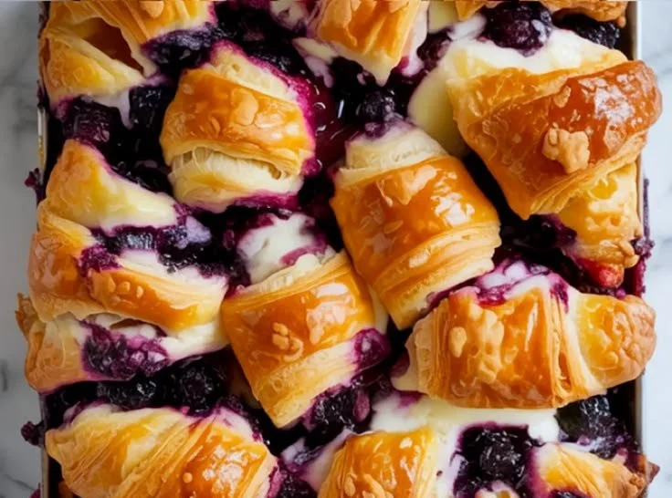 Blueberry cream cheese croissant casserole served in a baking dish