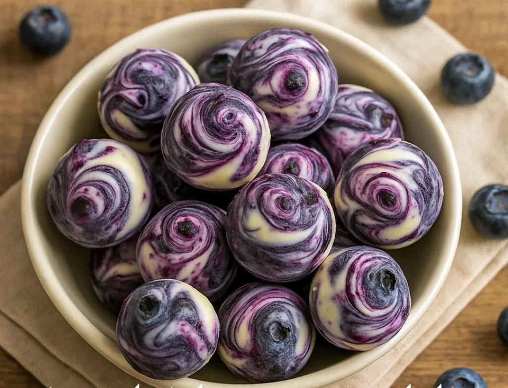 Homemade blueberry yogurt bites on a plate, a healthy snack option.