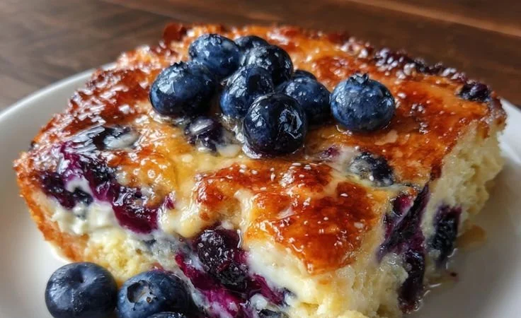 Blueberry pancake casserole with buttermilk topped with fresh blueberries