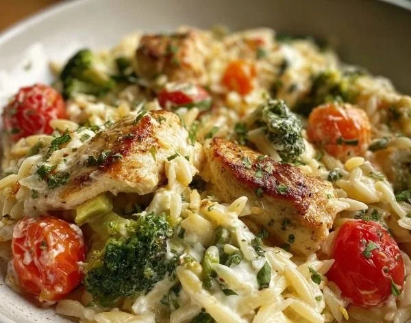Creamy Boursin Orzo Bake with chicken and vegetables in a one-pan dish