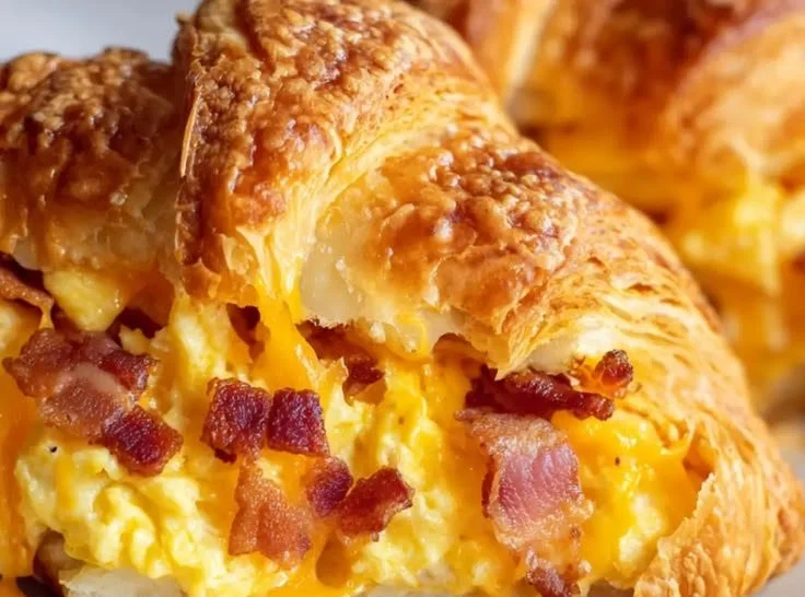 Breakfast crescent rolls stuffed with bacon, egg, and cheese on a plate.