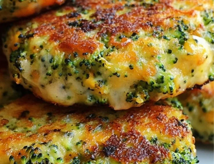 Homemade broccoli cheese patties on a plate garnished with herbs