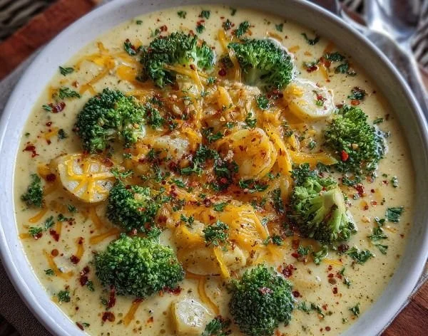 Bowl of creamy broccoli potato cheese soup garnished with fresh herbs
