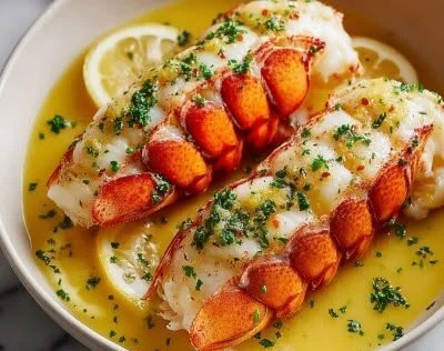Succulent butter poached lobster tails served with garnish on a white plate.